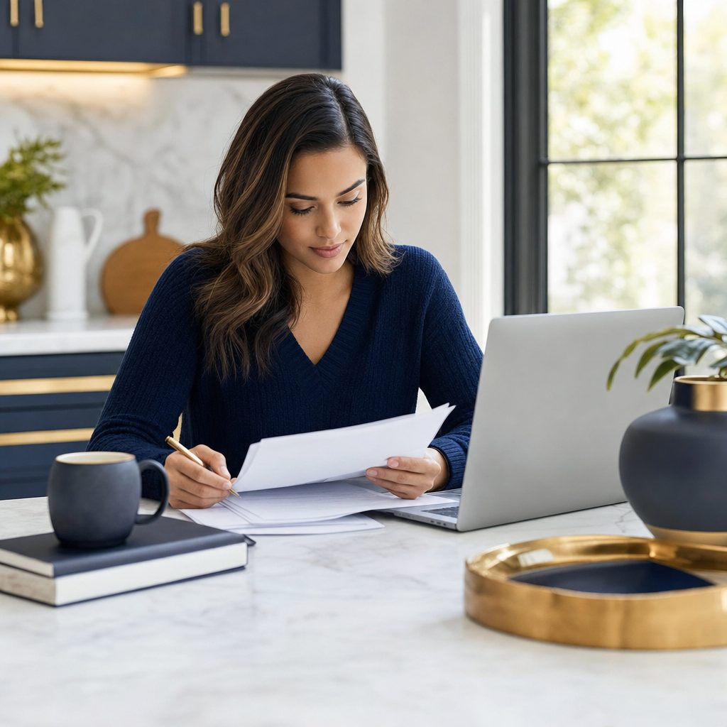 Woman reviewing her credit paperwork at home