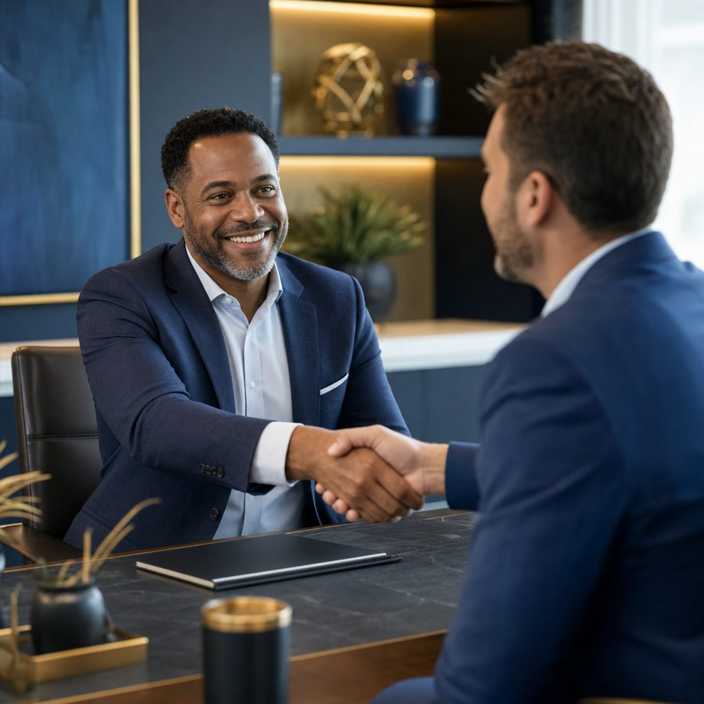 Handshake across a desk