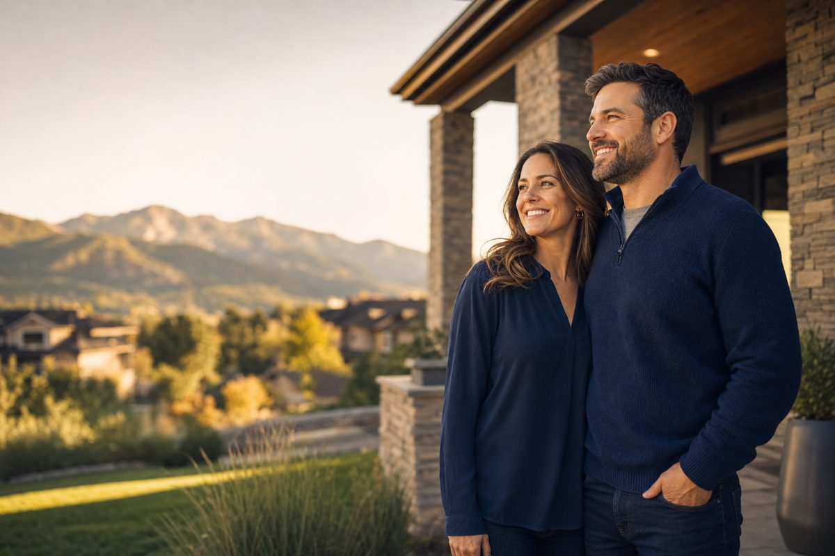 Couple standing outside their home at sunset